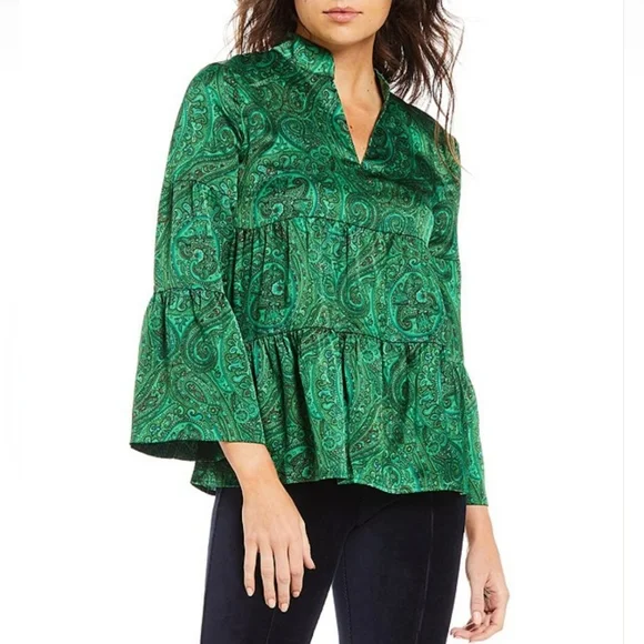 JB By Julie Brown New York Paisley Print Split Mock Neck Bell 3/4 Sleeve Top - Picture 1 of 10